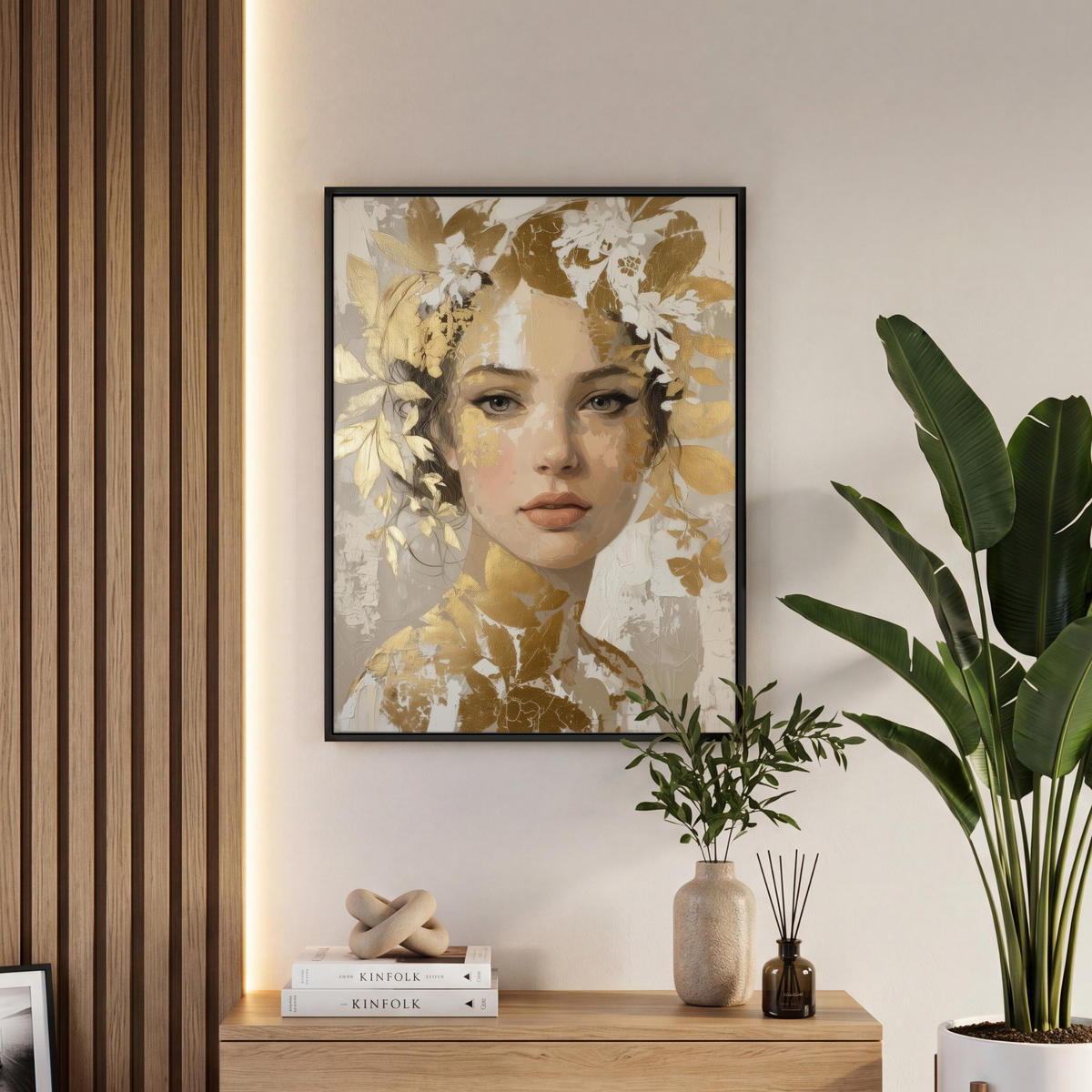 LEINWAND Bilder mit Rahmen - Gesicht - Frau - Blätter - Gold - 50x70 - Beige, Textil (50/70cm) - MuchoWow
