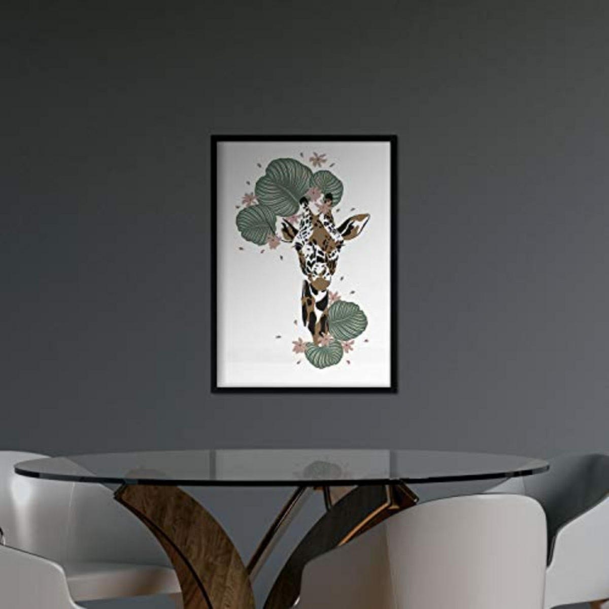 POSTER Set mit 4 GiraffenzebraKlinge, Blumen und Pflanzen aus dem Dschungel A4 Schwarzer Rahmen - Schwarz, Papier (29.7/3cm) - Nacnic