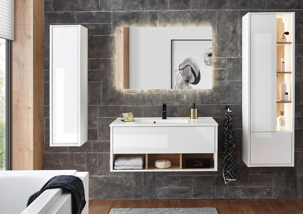BADMÖBEL-SET weiß Hochglanz, Eiche mit Waschbecken und LED Beleuchtung 195 x 190 cm Glide - Weiß Hochglanz/Eichefarben, Glas/Holzwerkstoff (195/190/47cm) - Furn.Design