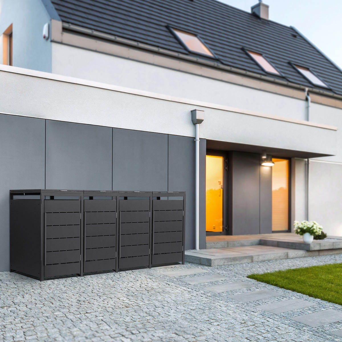 MÜLLTONNENBOX 4er 240L 260x80x120 cm Anthrazit aus Stahl wetterfest - Anthrazit, Metall (80/120/260cm) - ML-DESIGN