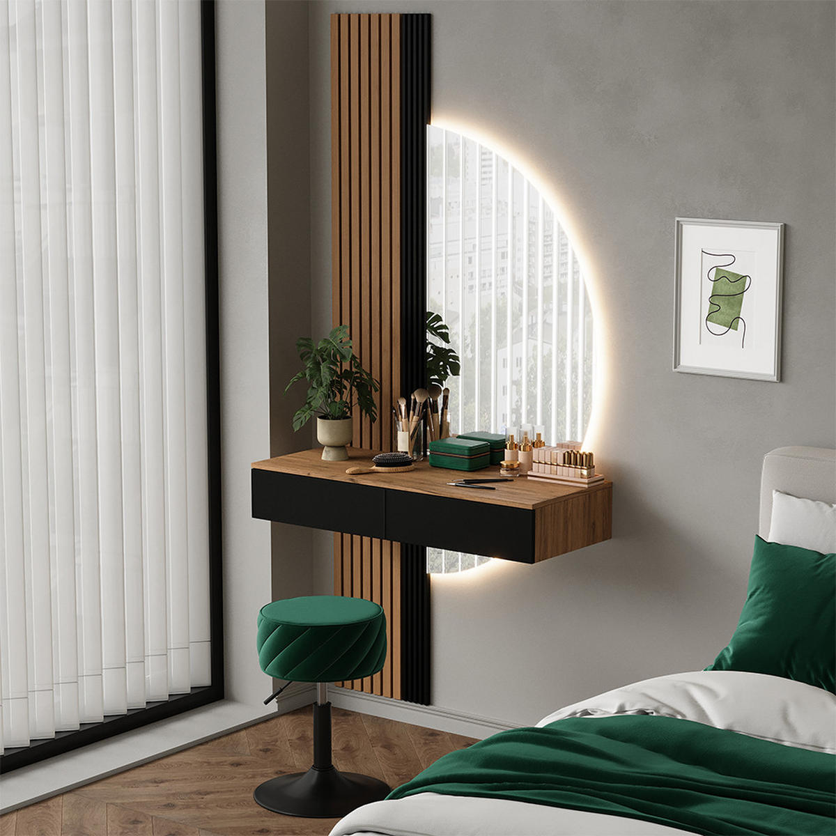 SCHMINKTISCH Melina Eiche/Schwarz 100 cm mit LED-Spiegel - Eichefarben, Holzwerkstoff (100/205/40cm) - Vicco