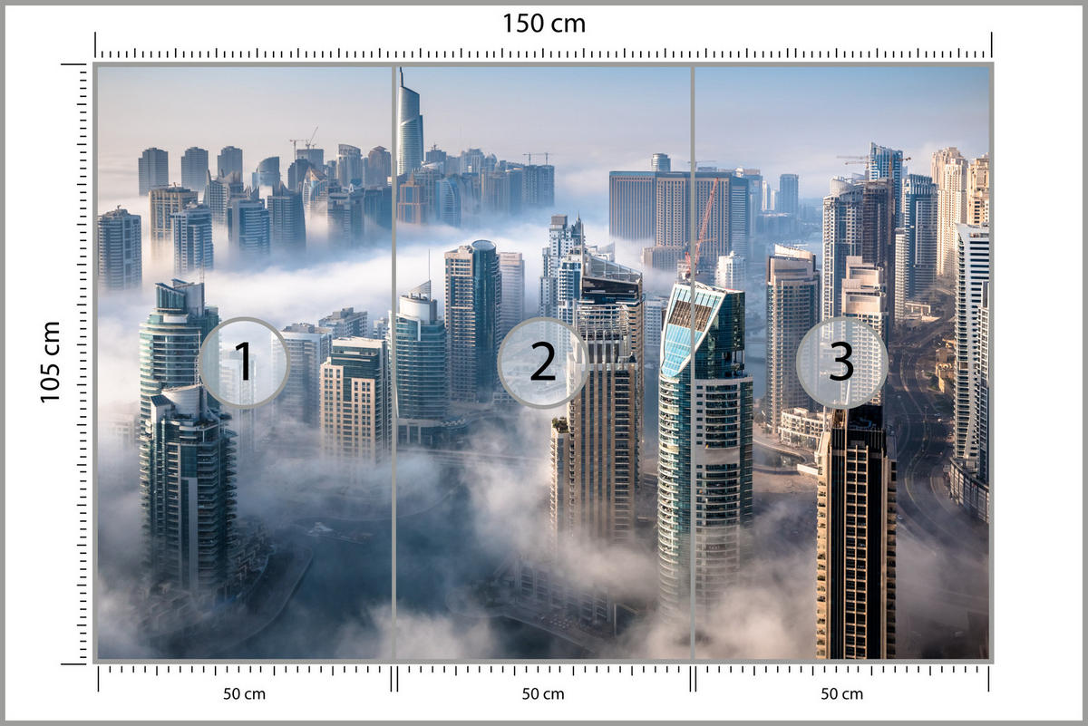 FOTOTAPETA Pre Kanceláriu Dubaj Hmla Mrakodrapy Panoráma 150 x 105 cm - modrá/sivá, papier (150/105cm) - Muralo