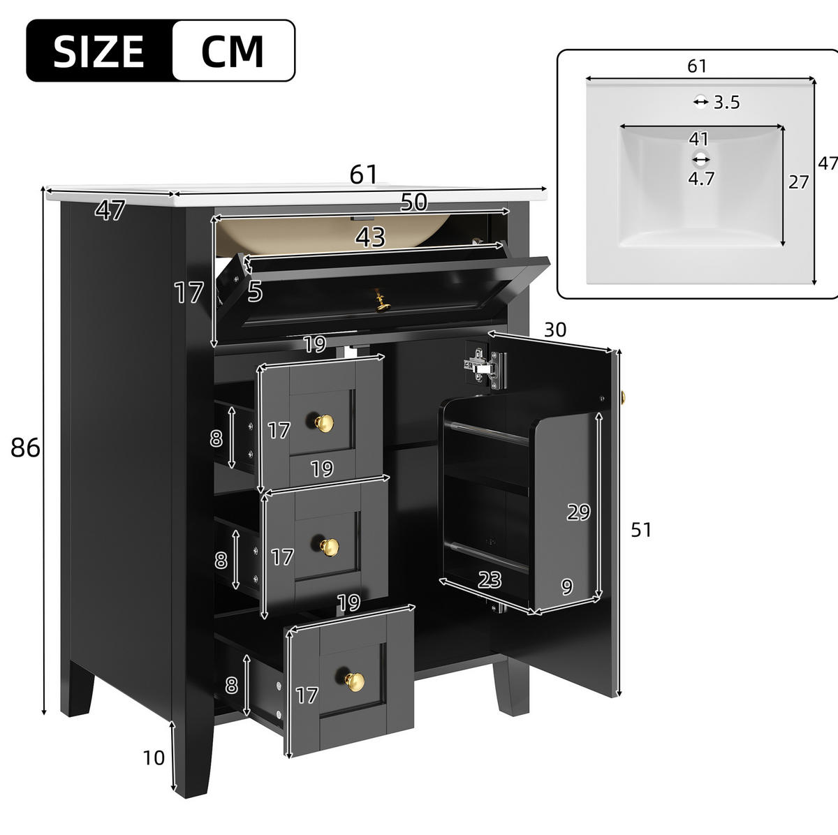 WASCHTISCHUNTERSCHRANK aus MDF und Keramik 61x47x86 cm Schwarz mit Stauraum, Soft-Close und Keramikwaschbecken - Schwarz, Keramik (61/86/47cm) - Modfu