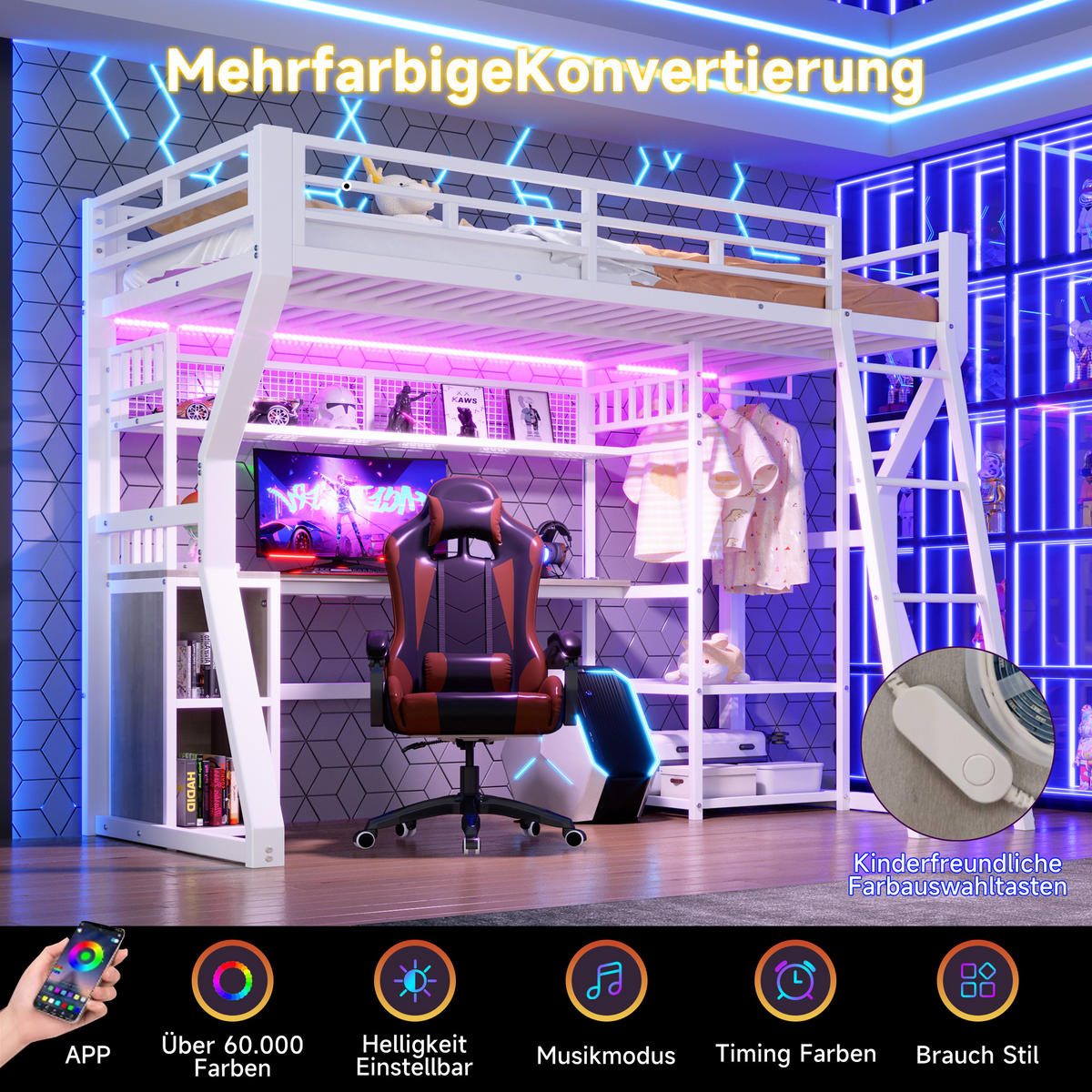 HOCHBETT 90/200 cm in Weiß mit Lichtleiste, Steckdose und Schreibtisch, Metall - Weiß, Holzwerkstoff/Metall (90/200cm) - CHICFURN