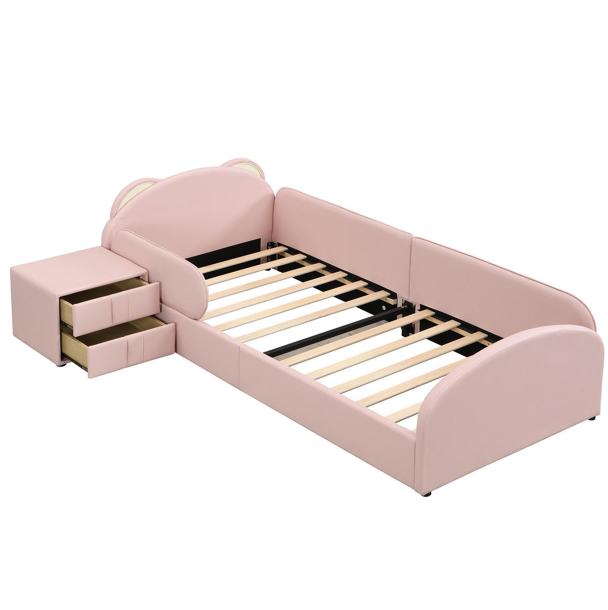 KINDERBETT 90/200 cm mit Nachttisch, Bären-Kopfteil und weichem Stoßschutz, Rosa - Rosa, Textil (90/200cm) - Redom