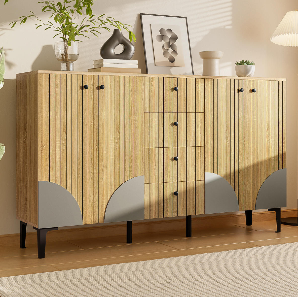 SIDEBOARD aus Holzwerkstoff 160x36x94 cm Holzfarbe mit 4 Türen und 4 Schubladen, vielseitiger Stauraum - Eichefarben, Holzwerkstoff (160/94/36cm) - Modfu
