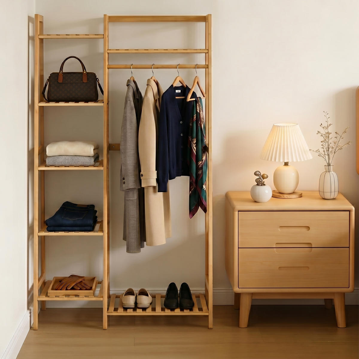 KLÄDSTÄLLNING natur bambu 7 hyllplan - Ljusbrun, Trä (80.5/140/38.5cm) - Relaxdays