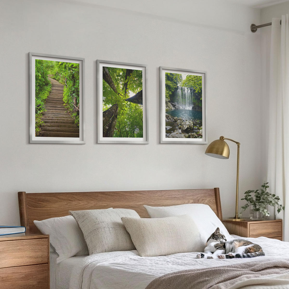 BILDER SET 3er Set - 40x60 cm Silberner Rahmen - Pfad Wald Wasserfall Vegetation - Silberfarben, Kunststoff (40/60cm) - TULUP