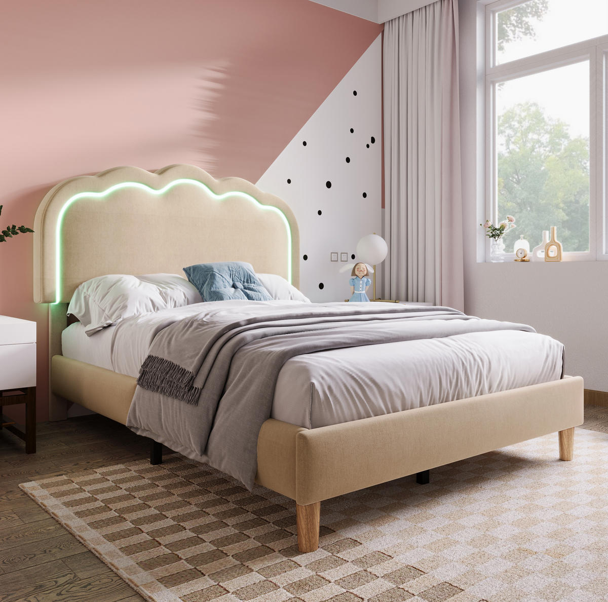 POLSTERBETT aus Leinen 90x200 cm in Beige mit LED & verstellbarem Kopfteil - Beige, Textil (90/200cm) - Modfu