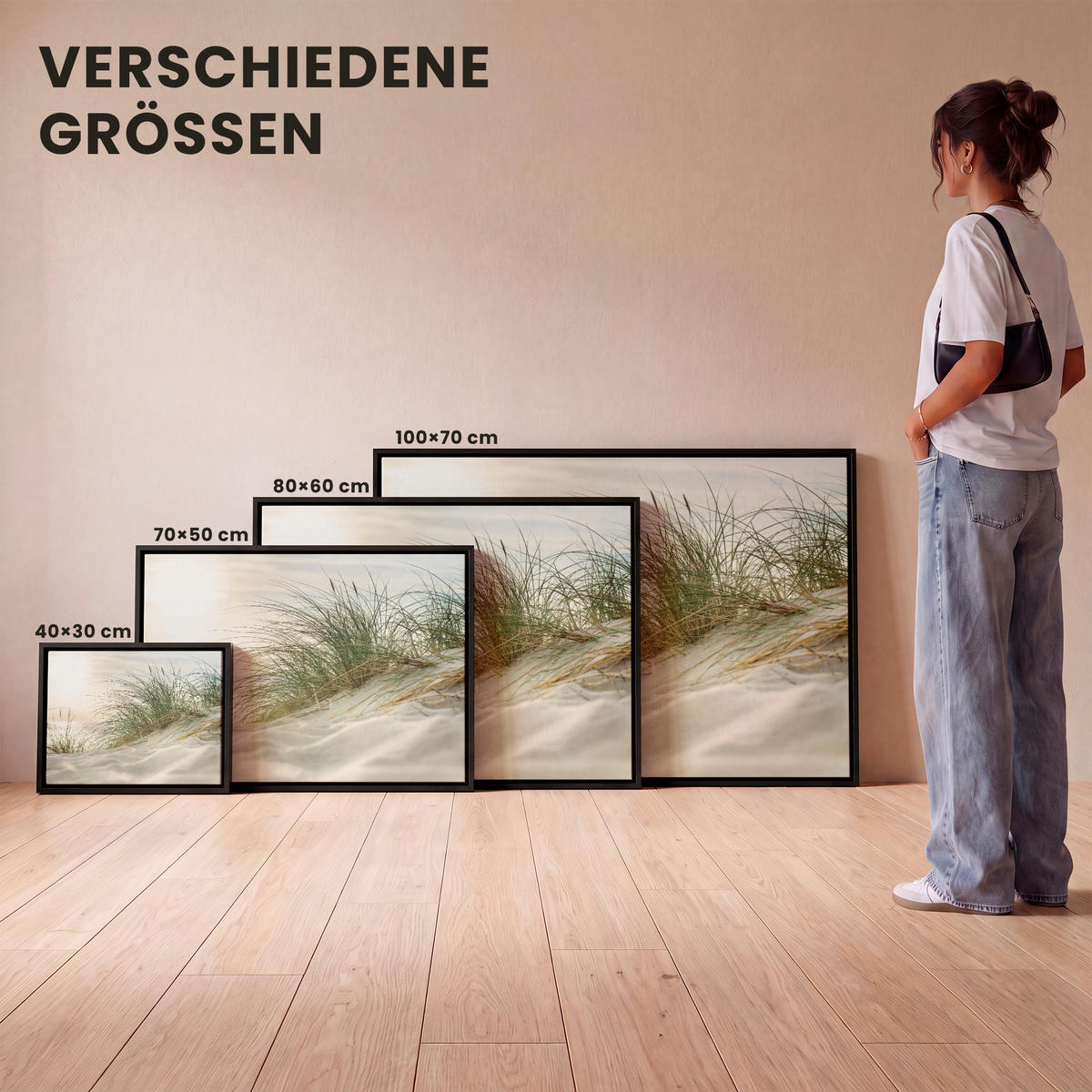 LEINWAND Bilder mit Rahmen - Dünen mit Strandhafer in der Sonne des Nationalparks Schleswig-Holsteinisches Wattenmeer - 40x30 - Creme, Textil (40/30cm) - MuchoWow
