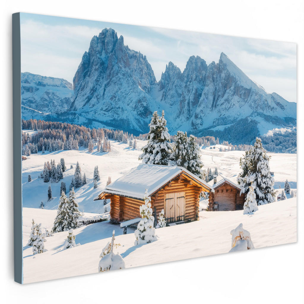 MuchoWow OBRAZ NA PLÁTNĚ Zima - Chata - Hory - Výhled - Sníh 120x80 cm