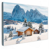 OBRAZ NA PLÁTNĚ Zima - Chata - Hory - Výhled - Sníh 90x60 cm - barva dubu, textil (90/60cm) - MuchoWow