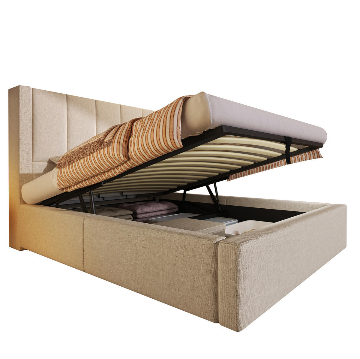 POLSTERBETT aus Leinen 90x200 cm Beige mit Bettkasten, USB-Ladestation und Becherhalter - Beige, Textil (90/200cm) - IVMEU