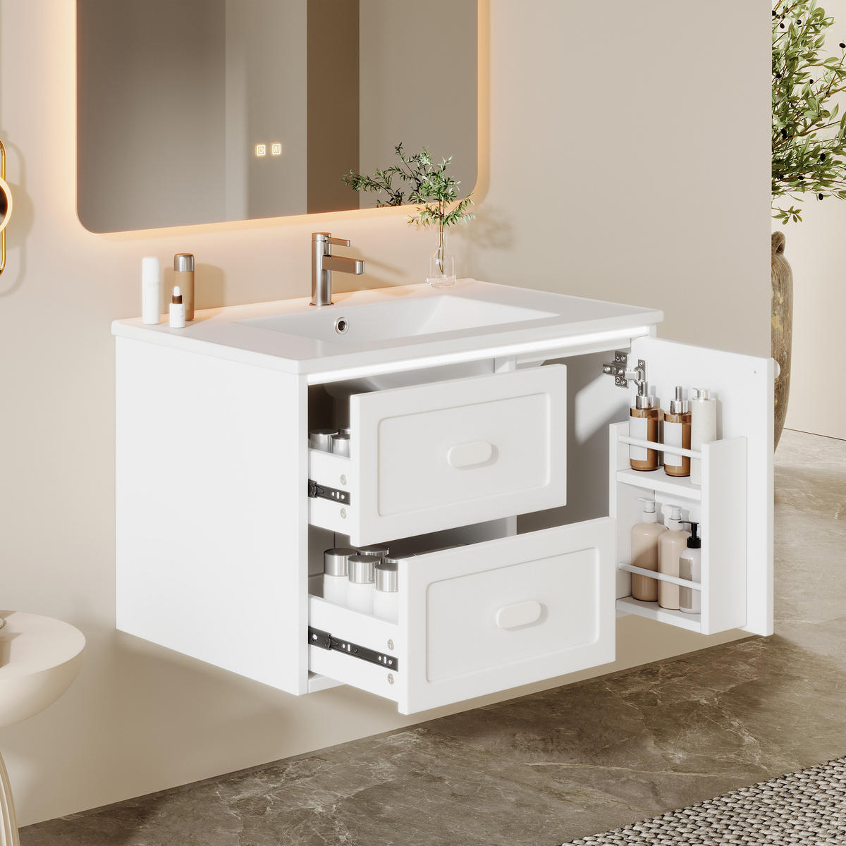 BADEZIMMER-HÄNGESCHRANK 76×46×51 cm, weiß, lackiert, mit LED-Radarsensor-Beleuchtung, 2 Schubladen, leisen Gleitschienen und integriertem Waschbecken - Weiß, Holzwerkstoff (46/51/76cm) - Ej. Life