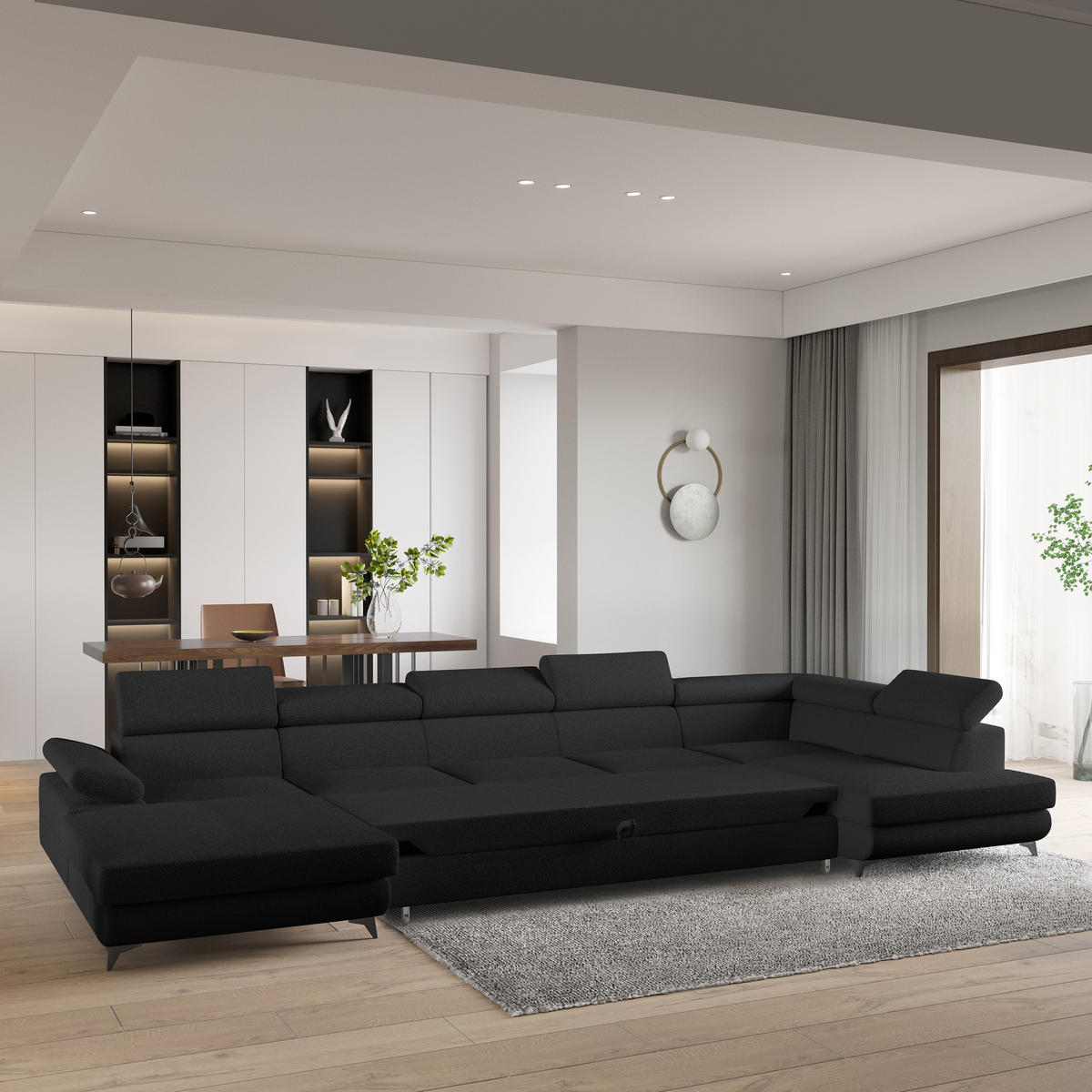 WOHNLANDSCHAFT MONTIVA Schwarz Boucle-Stoff mit Schlaffunktion - Schwarz, Holz (410/89/190cm) - MASSENO