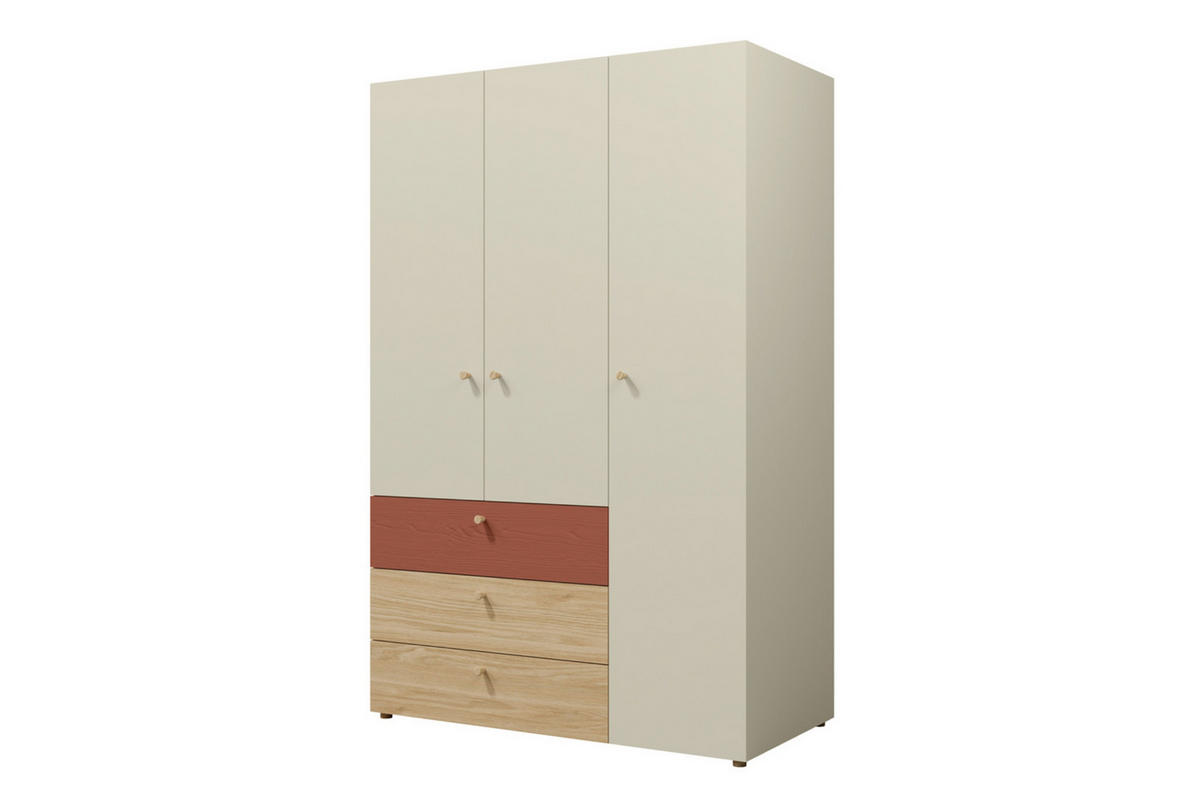 KINDERKLEIDERSCHRANK YOGI 01 120/185 cm in Graubeige / Geölte Eiche / Koralle - Greige/Koralle, Holzwerkstoff (120/185/60cm) - Deine Möbel 24