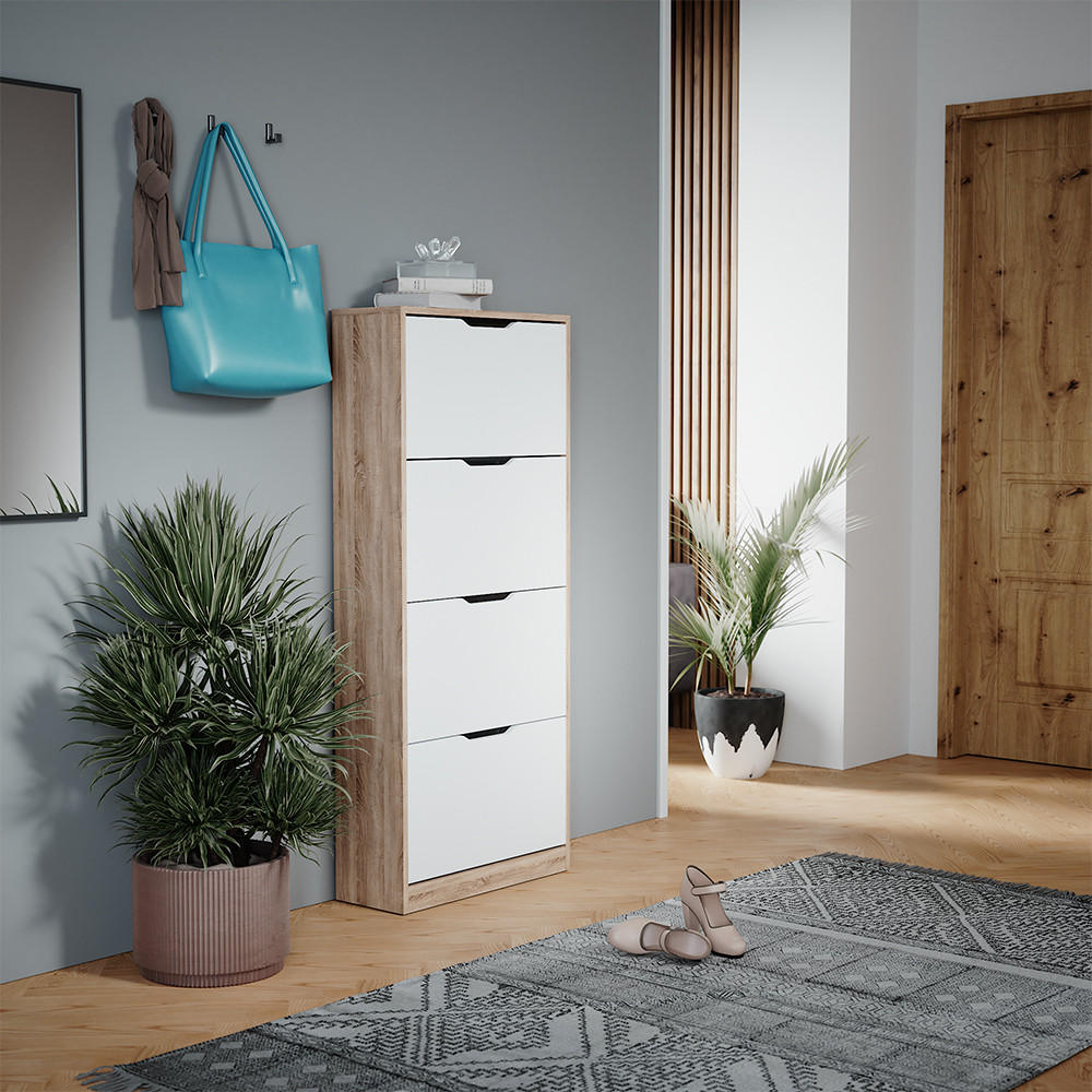SCHUHKIPPER Luca Sonoma/Weiß 59 x 137 cm mit 4 Klappschubladen - Weiß/Sonoma Eiche, Holzwerkstoff (59/137/22cm) - Vicco