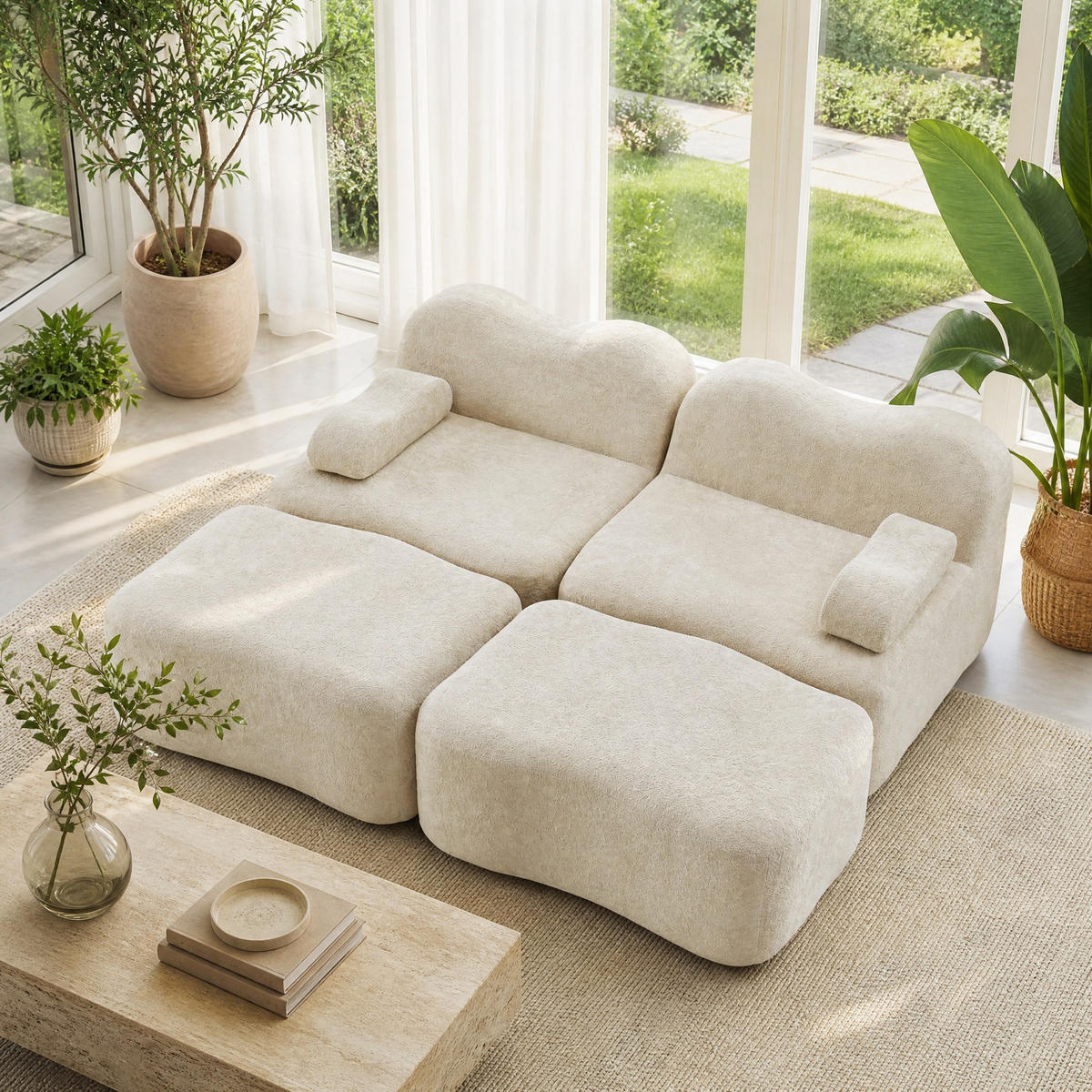 SOFA 192/167/70 cm in Beige aus Samt mit Hockern - Beige, Textil (167/70/192cm) - Flora Grace