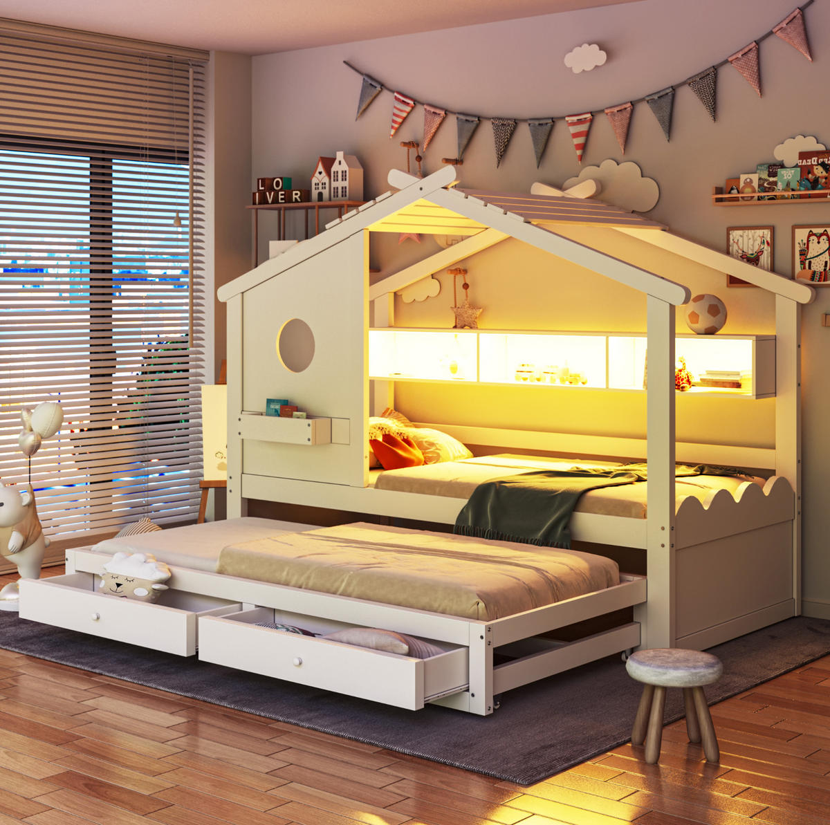 KINDERBETT 90/200 cm mit Ausziehbett 90/190, LED, USB- und USB-C-Anschluss, Schubladen, Weiß - Weiß, Holzwerkstoff (90/200cm) - Redom