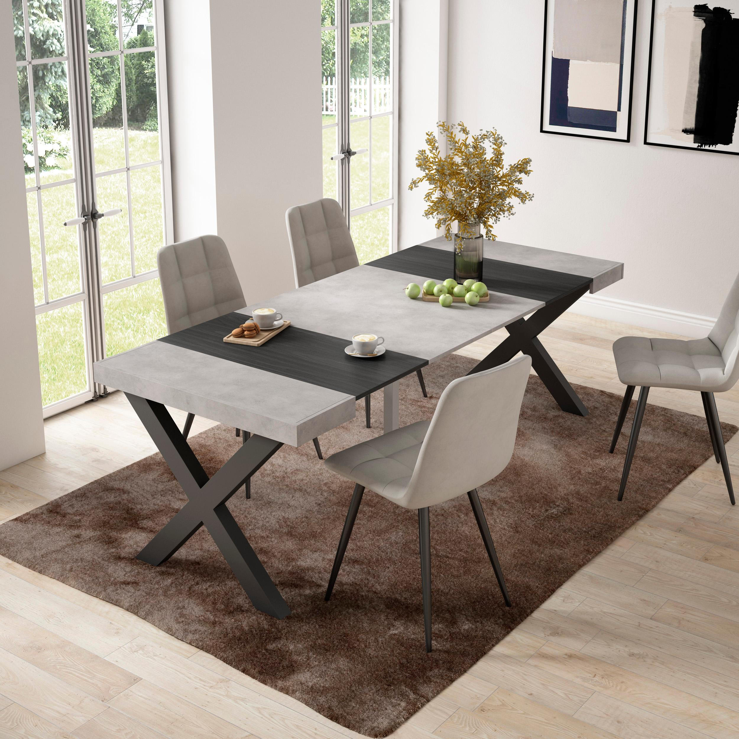 KONSOLENTISCH ausziehbar 58 bis 222cm, für 10 Gäste, zementgrau, 90/58/73cm - Schwarz/Grau, Holzwerkstoff (90/222/73cm) - Skraut Home