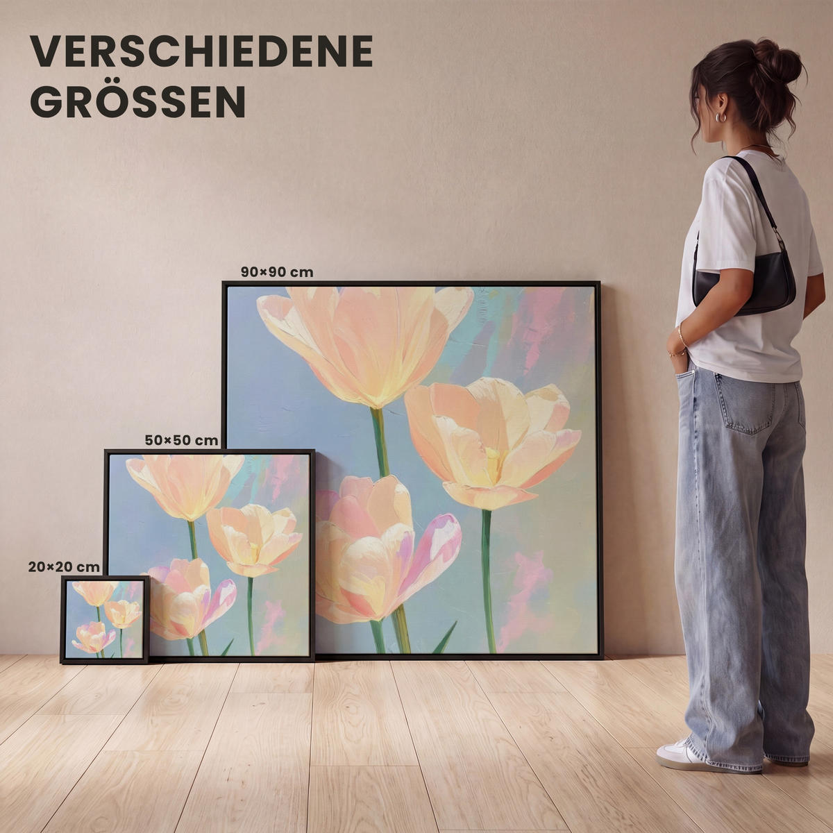 LEINWAND Bilder mit Rahmen - Tulpen - Rosa Akzente - Blau - 50x50 - Pastellblau, Textil (50/50cm) - MuchoWow