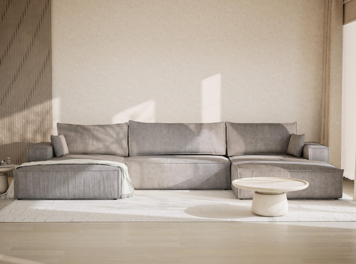 WOHNLANDSCHAFT Kyoto Grau Beige Webstoff - Schwarz/Grau, Holz/Holzwerkstoff (398/70/148cm) - Maison de Reve