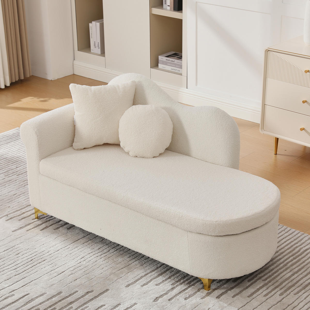 CHAISELONGUE mit Stauraum 134 cm, Teddyplüsch Stoff, modernes Design, ergonomische Rückenlehne, inkl. Lenden- & Nackenkissen - Beige, Textil (64/70/134cm) - Ej. Life