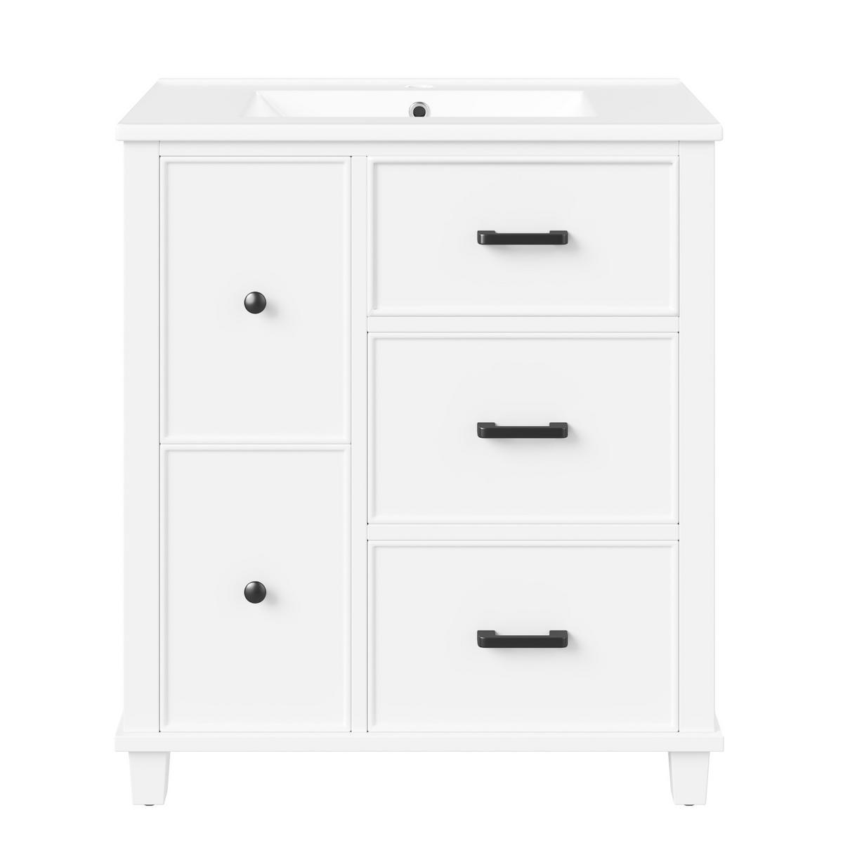 WASCHTISCH aus MDF und Keramik 76,5x47x83,5 cm Weiß mit 4 Schubladen und Klappschublade, integriertes Becken - Weiß, Keramik (76.5/83.5/47cm) - Modfu