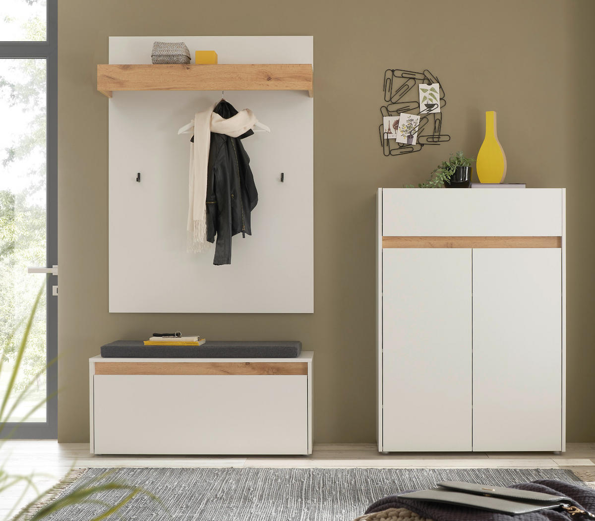 GARDEROBEN-SET weiß matt, Eiche Wotan 4-teilig 195 cm, Sitzbank inklusive Sitzkissen - Eiche Wotan/Schwarz, Holzwerkstoff/Kunststoff (195/200/40cm) - Furn.Design