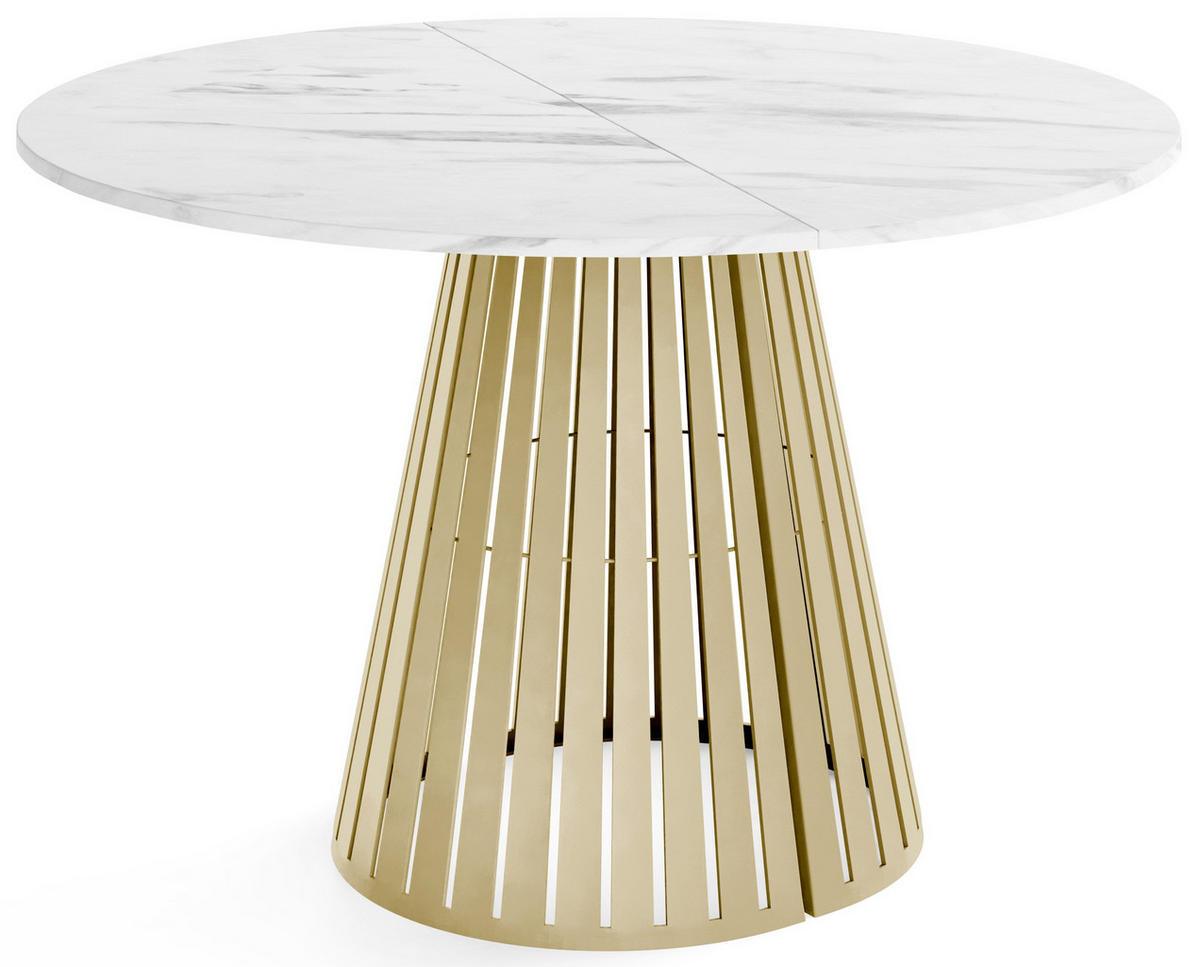 ESSTISCH Naro rund ausziehbar mit Goldenem Lamellen-Metallgestell, Marmor Weiß 120-200/120/76 cm - Ecru/Goldfarben, Holzwerkstoff/Metall (120/196/76cm) - WFL GROUP