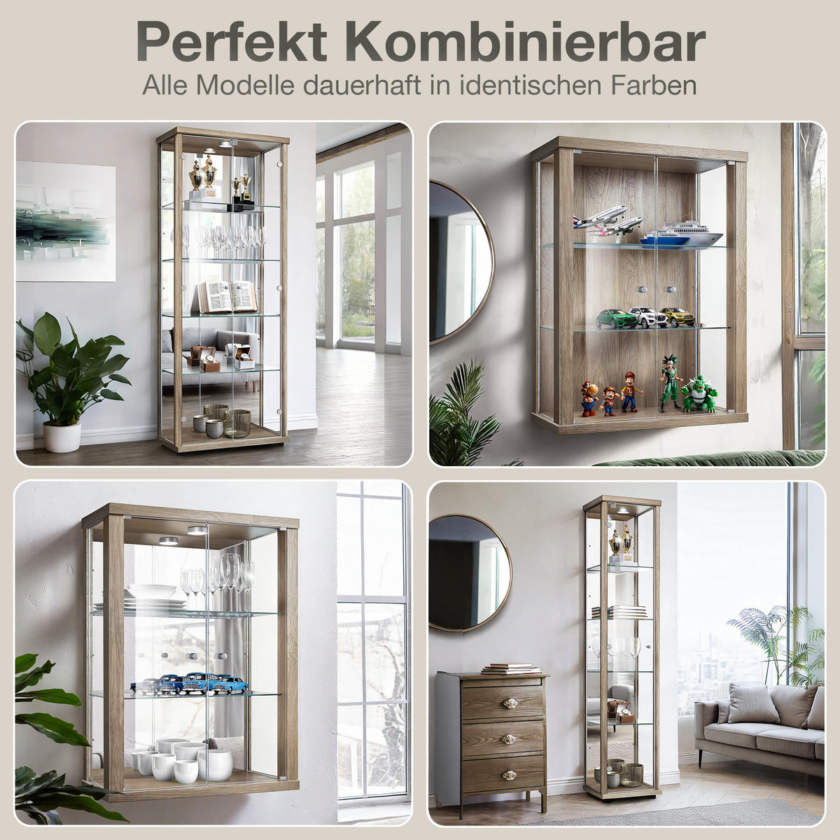 GLASVITRINE 33/37/176 cm mit LED & 4 höhenverstellbaren Glasböden - Transparent/Silberfarben, Glas/Holzwerkstoff (37/176/33cm) - K-Möbel