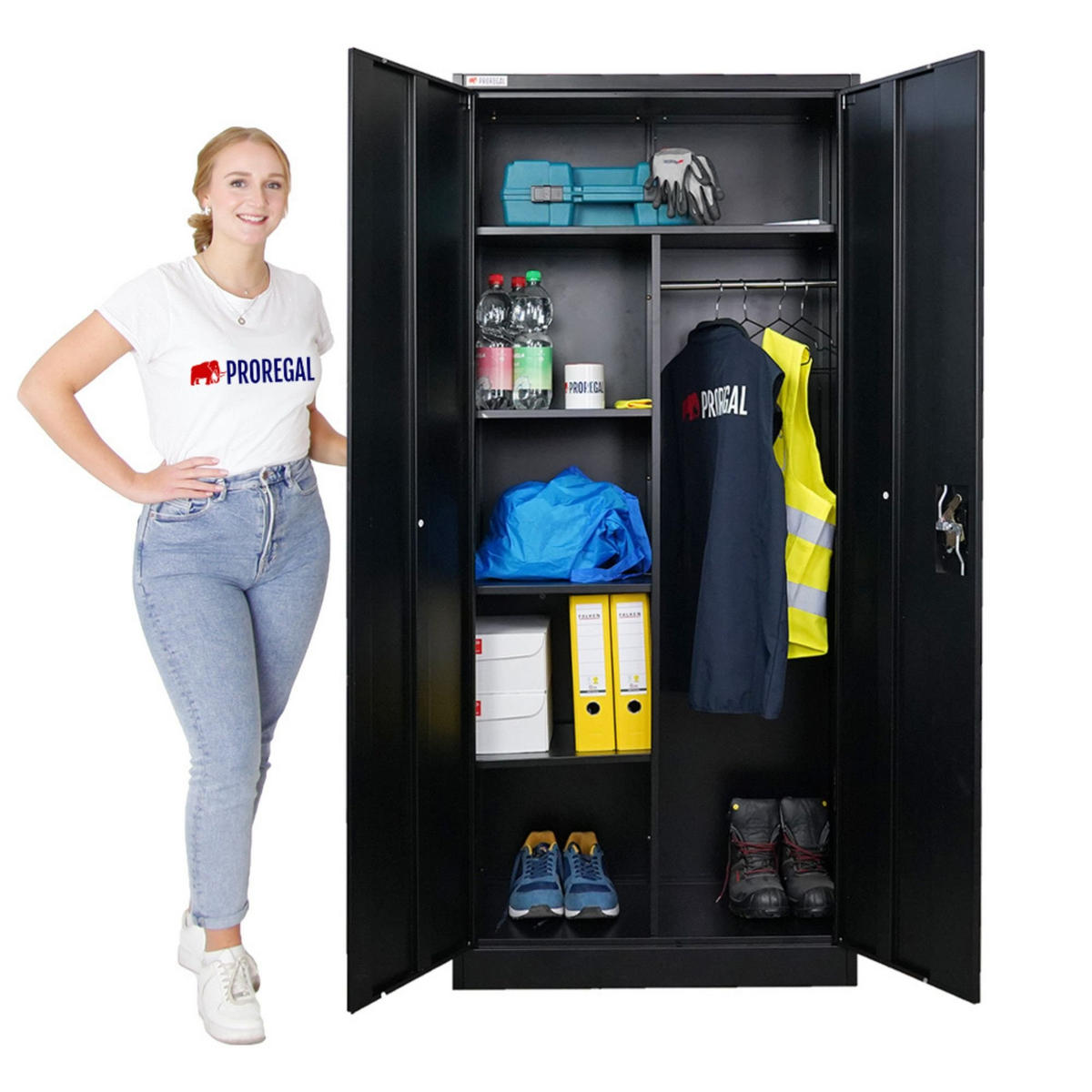 FLÜGELTÜRENSCHRANK Elephant 2er-Set komplett montiert 180x80x40cm 6 Fächern & Kleiderstange Schwarz - Schwarz, Metall (160/180/40cm) - PROREGAL