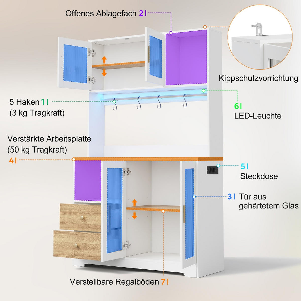 KÜCHENSCHRANK Hochschrank mit LED und Steckdose, Vitrine mit Glastüren, Weiß-Holzoptik, 110/40/178 cm - Naturfarben, Kunststoff (40/178/110cm) - Rolipo