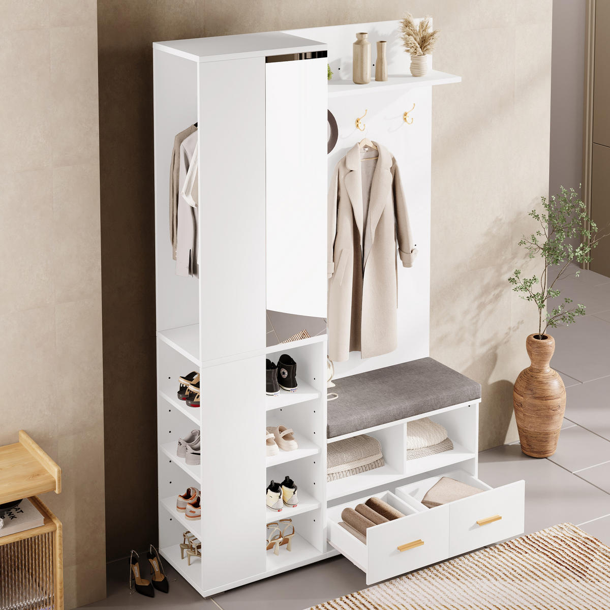 GARDEROBE-SET in Weiß Aufbewahrungsschrank mit Spiegel , Kleiderstange, Schuhbank 3 Haken und 2 Schubladen , B120/T35/H190cm - Weiß, Holzwerkstoff (120/190/35cm) - STILVORA