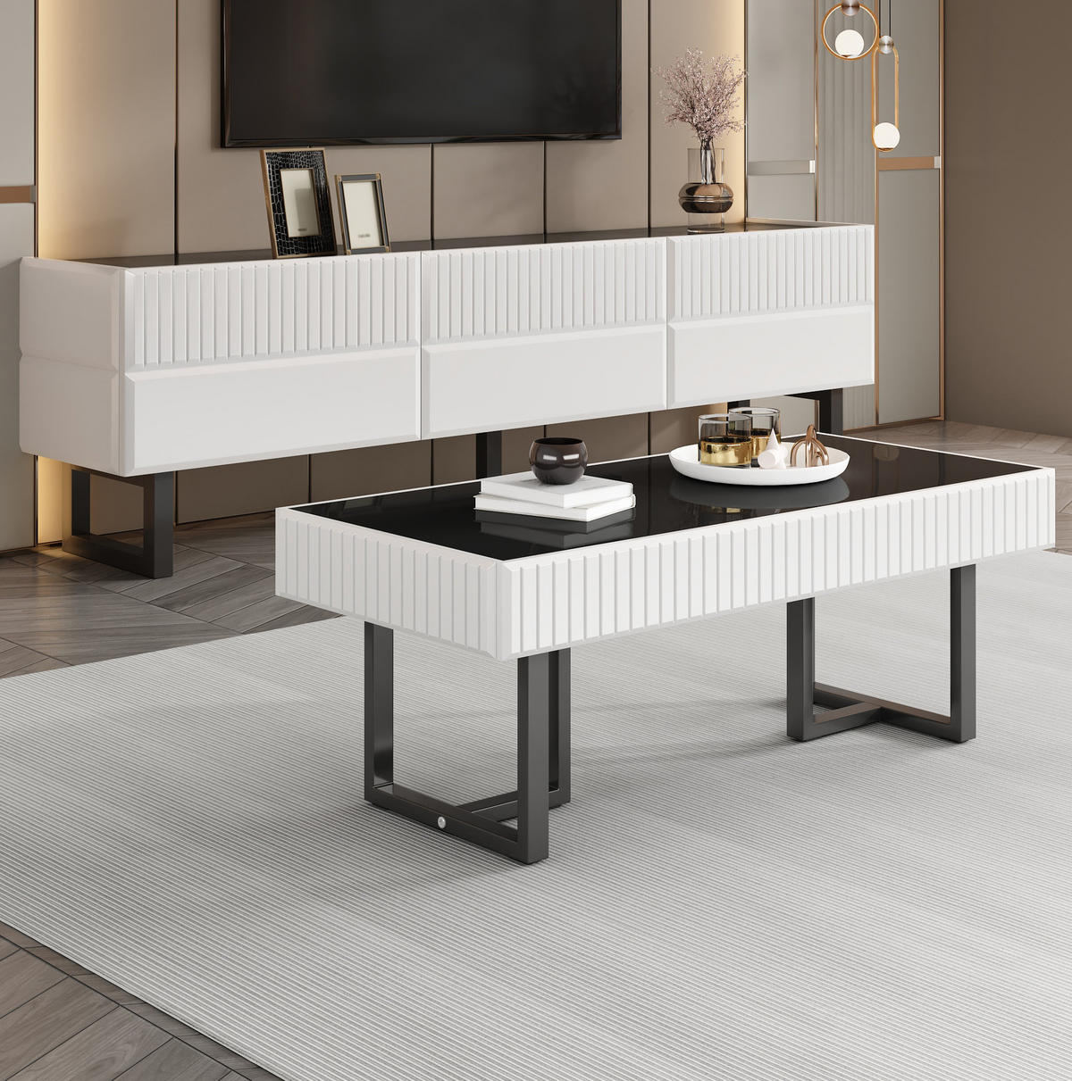 COUCHTISCH- und TV-Möbel-Set aus MDF und Holzwerkstoff 170x35x47 / 110x50,5x41 cm Schwarz/Weiß mit Stauraum und Hochglanzplatte - Schwarz, Holzwerkstoff (170/47/35cm) - Modfu