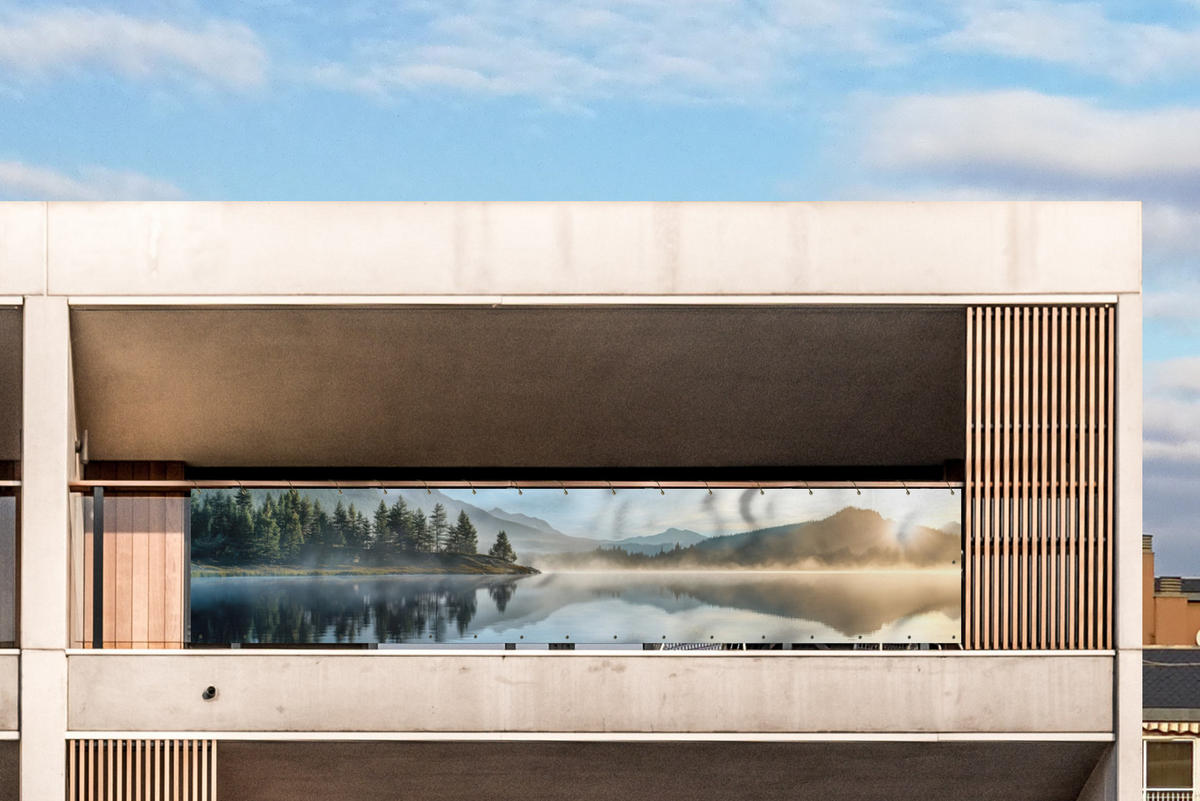 BALKON-SICHTSCHUTZ See - Nebel - Berge - Landschaft - Hellblau, Kunststoff (500/100cm) - MuchoWow