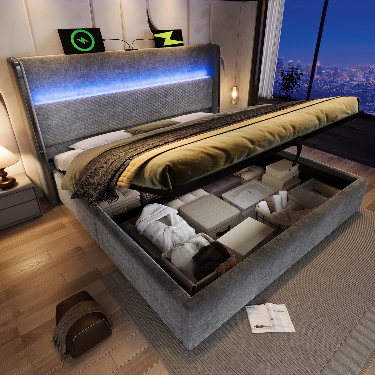 POLSTERBETT 180/200 cm Grau mit hydraulischem Stauraum und LED-Beleuchtung - Grau, Textil (180/200cm) - OKWISH