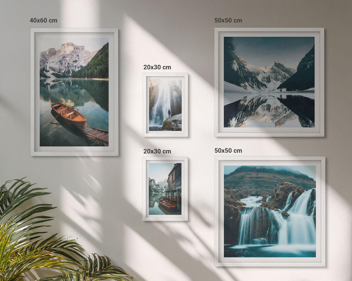 WANDBILDER 5er-Set - 50x50 cm & 20x30 cm & 40x60 cm Weißer Rahmen - Spiegelung der Boote auf Bergseen - Weiß, Kunststoff (40/60cm) - ArtPrintCave