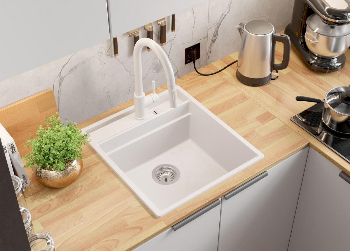 GRANITSPÜLE Oslo Pocket, 2-er set Weiß 48/53 cm 1 Becken + Küchenarmatur 32/20 cm + Ablauf-Set + Küchenzubehörset ab 50er Unterschrank - Chromfarben/Beige, Kunststoff (48/20/53cm) - Primagran