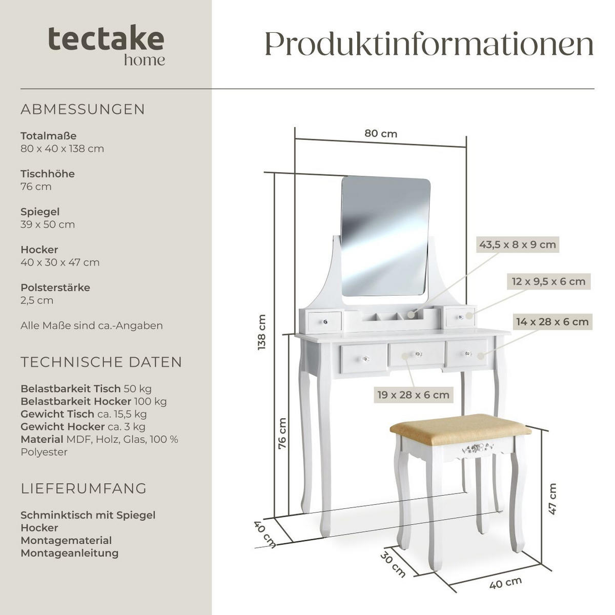 SCHMINKTISCH Claire,80 x 40 x 138 cm,weiß - Weiß, Holz (80/138/40cm) - tectake