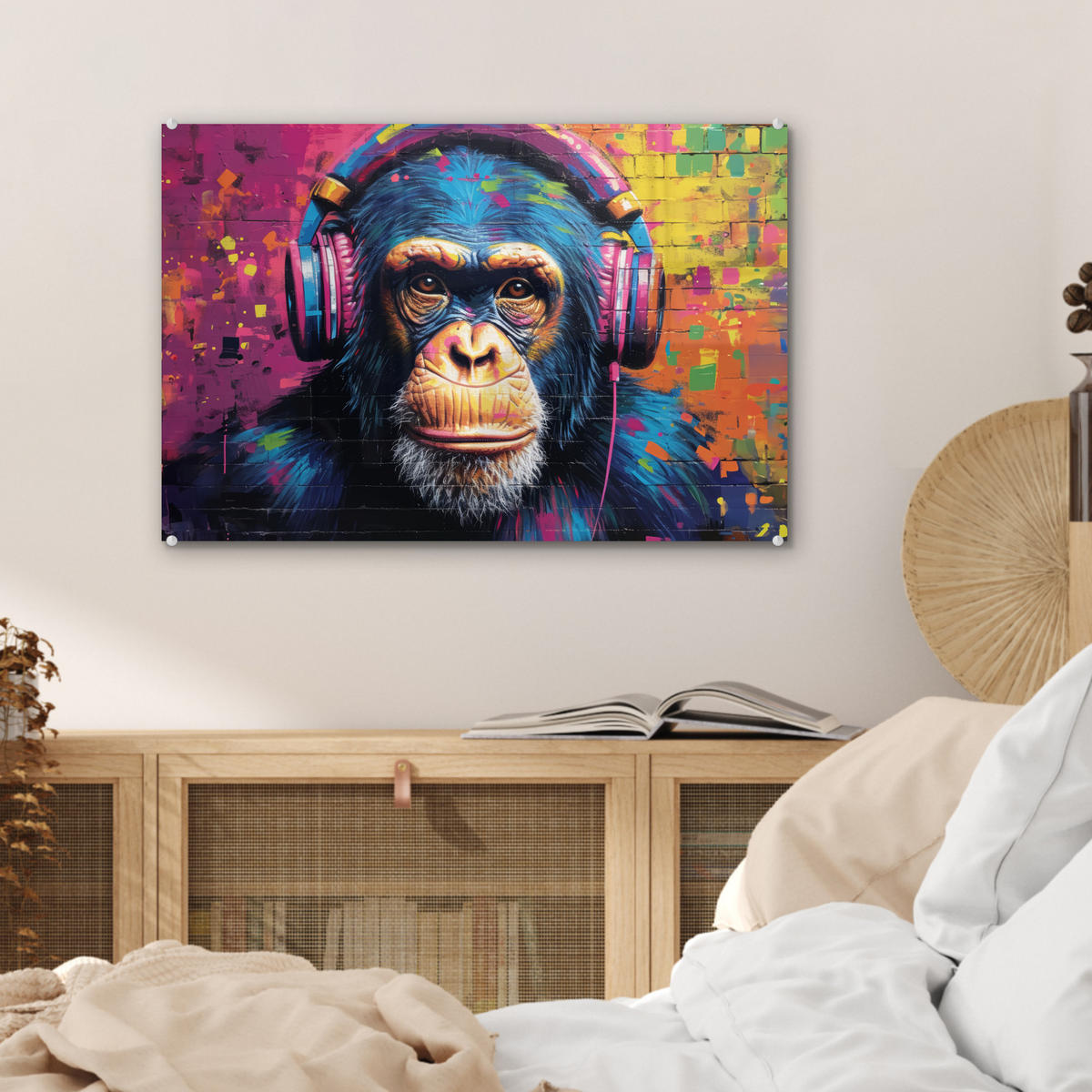 ACRYLGLASBILD Graffiti - Schimpanse - Straßenkunst - Kopfhörer - Affe 60x40 cm - Blau, Glas (60/40cm) - MuchoWow