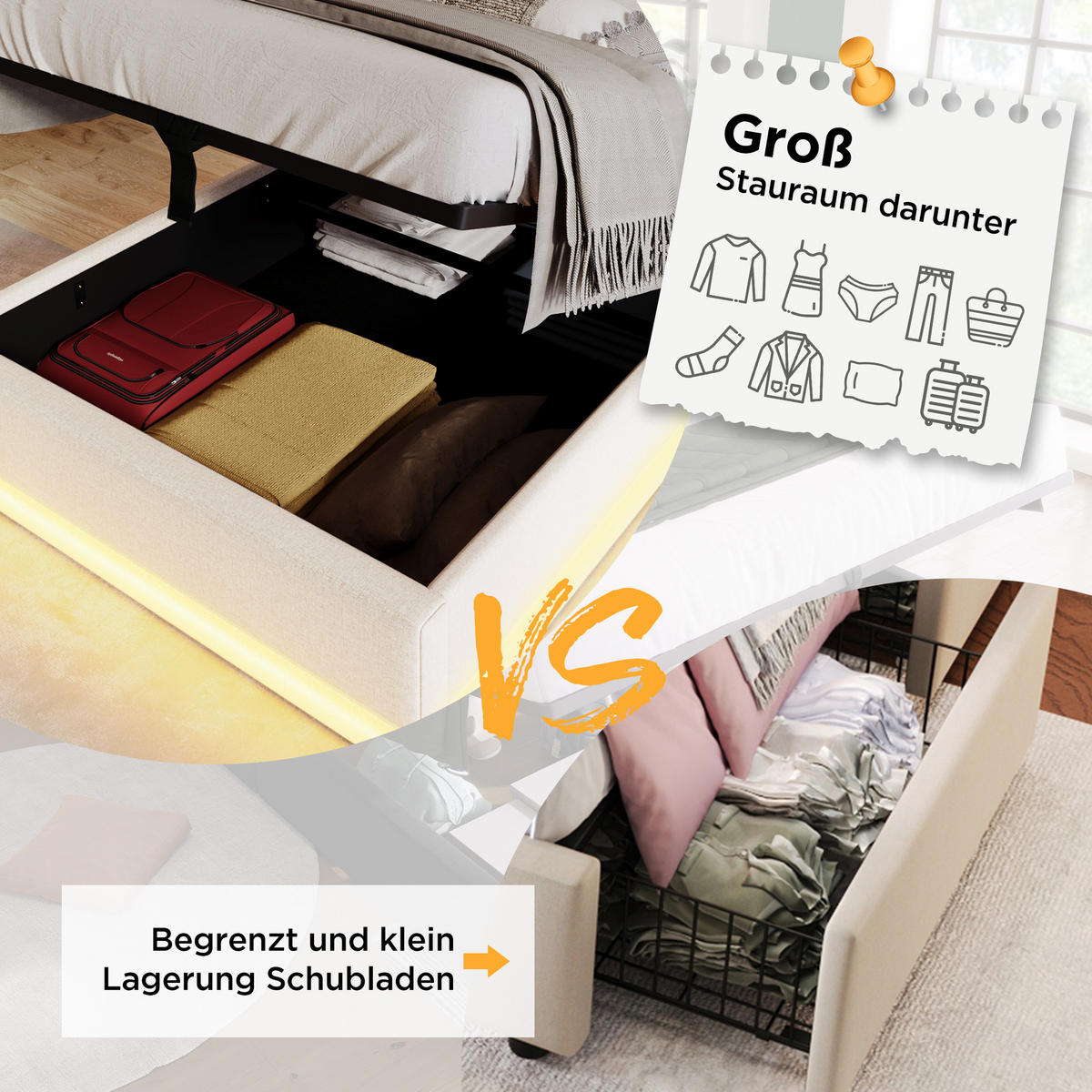 POLSTERBETT 90/200 cm in Weiß mit Bettkasten, LED, USB und Type-C - Weiß, Holzwerkstoff/Textil (90/200cm) - WISHDOR