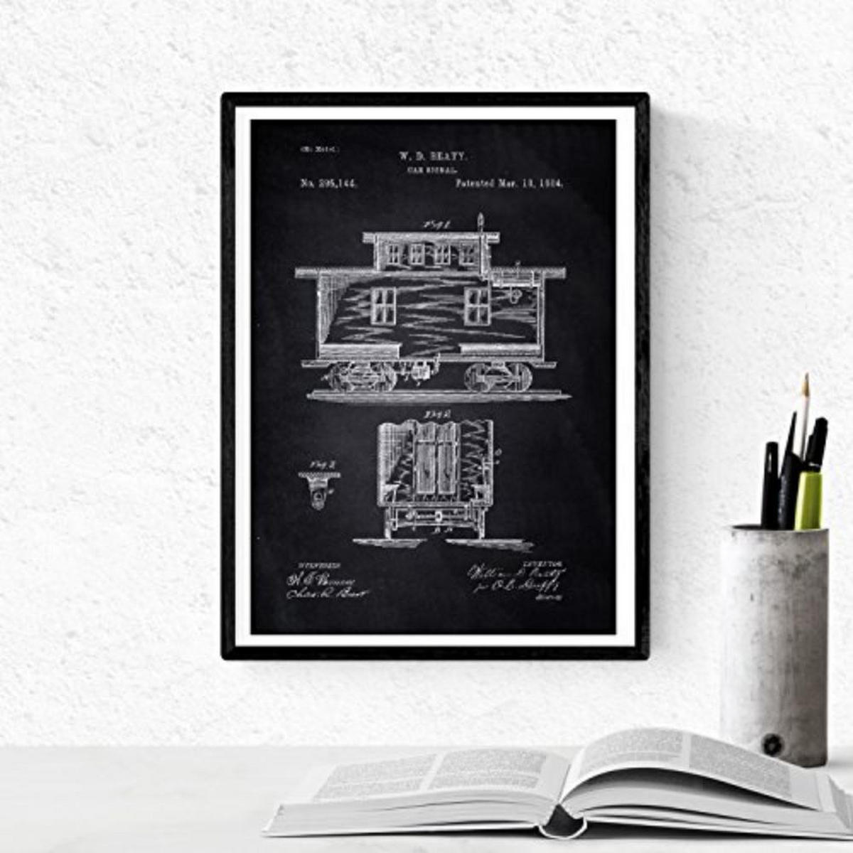 POSTER Set mit 4 Schwarz Eisenbahn Patent A4 Schwarzer Rahmen - Schwarz, Papier (29.7/3cm) - Nacnic