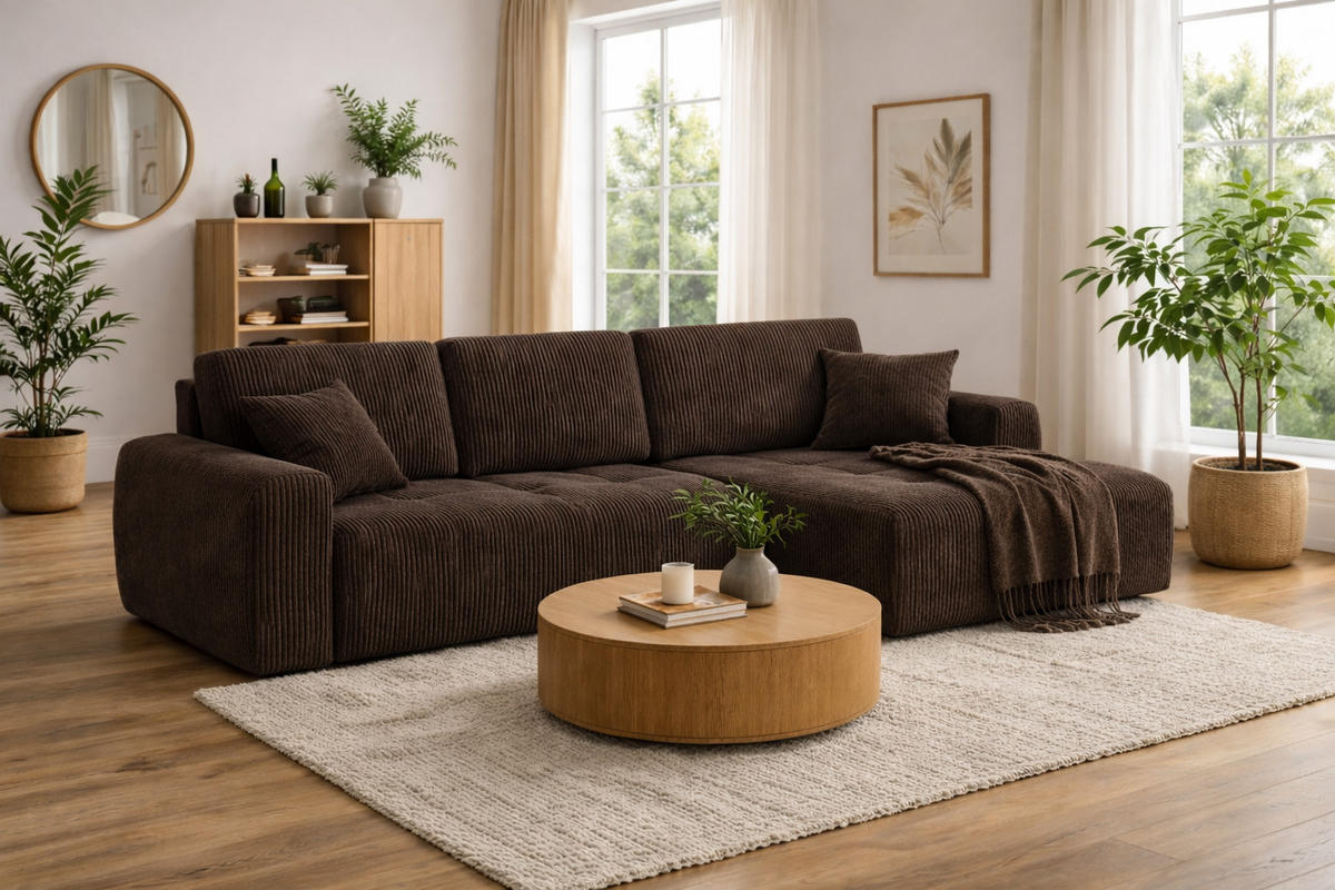 ECKSOFA Mit Schlaffunktion Und Bettkasten L-Form Ivo XL, Cordstoff Poso, Braun, Rechts - Braun, Holz (280/142cm) - Kaiser Möbel