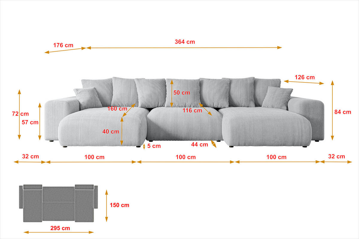 WOHNLANDSCHAFT mit Schlaffunktion ESKAR-U -364x176x84cm Grau Cord - Schwarz/Grau, Holzwerkstoff/Kunststoff (364/84/176cm) - ALTDECOR