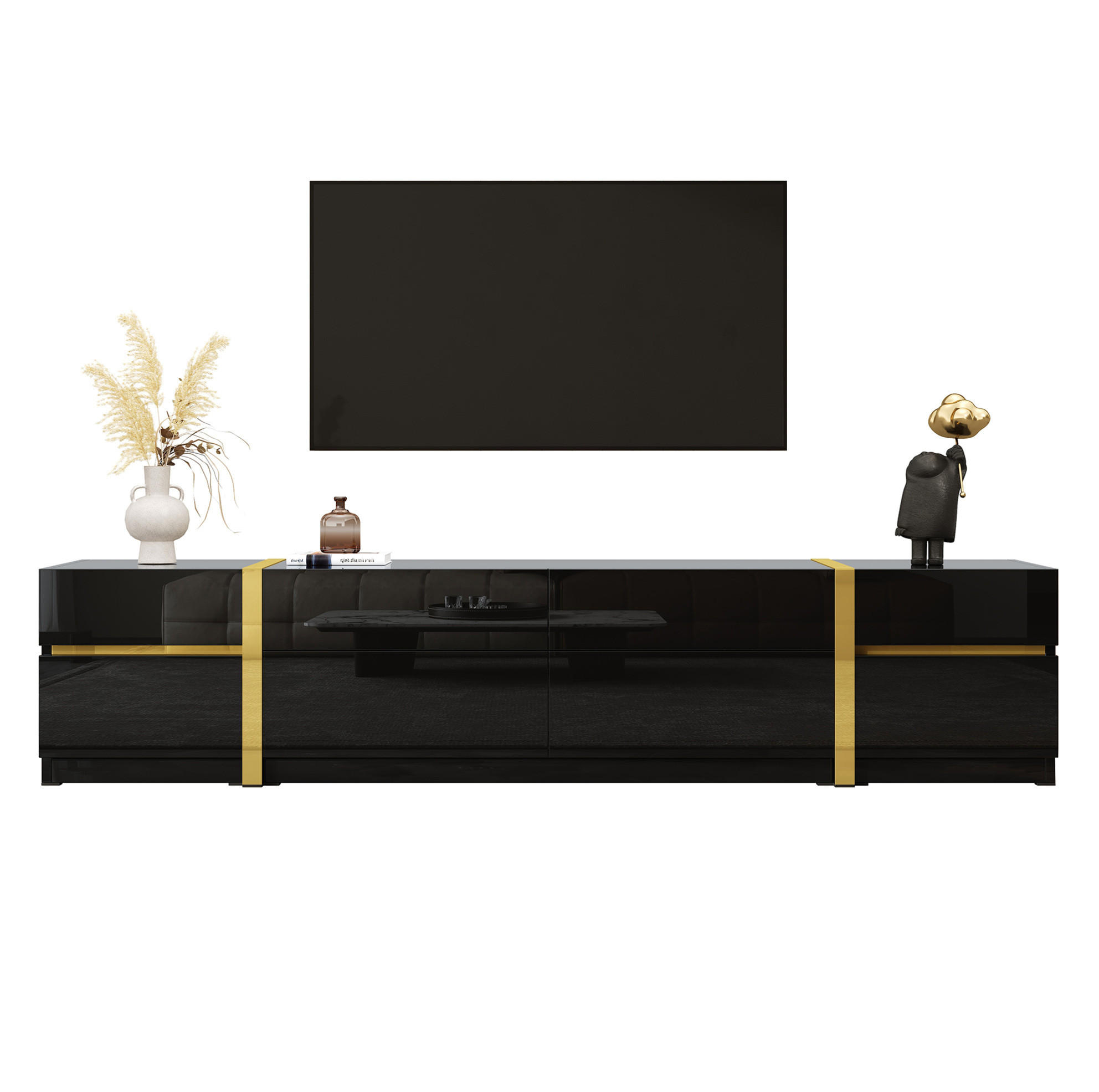Redom TV stolek 180/40/38 cm s vysokým leskem, 4 zásuvkami a 2 dvířky, úložný prostor, Černá