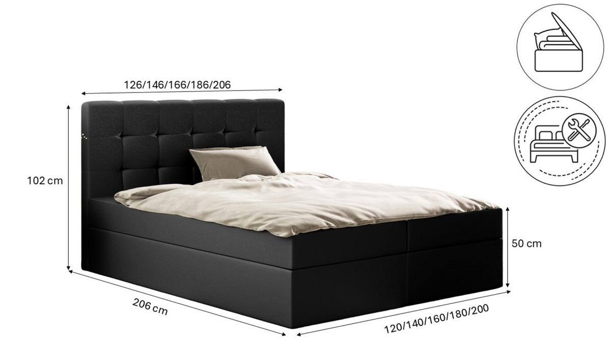 BOXBETT Mit Matratze Und Bettkasten, LUDANO Stoff Cayenne Schwarz 180x200 cm H2-Pocket - Schwarz, Holz (180/200cm) - Kaiser Möbel