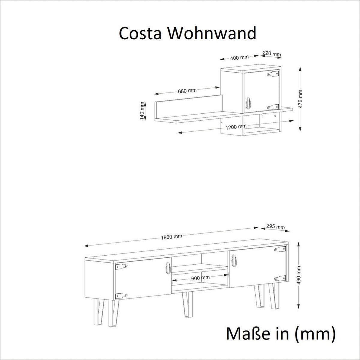 WOHNWAND Costa Eiche - Eichefarben/Schwarz, Holzwerkstoff/Metall (180/49/29.5cm) - moebel17