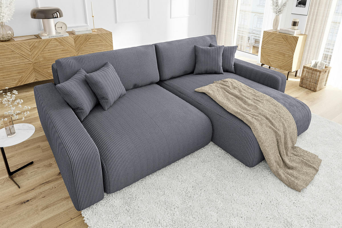 ECKSOFA Emma Grau Cord - Ottomane rechts - Grau, Textil (234/170cm) - S-Style Möbel