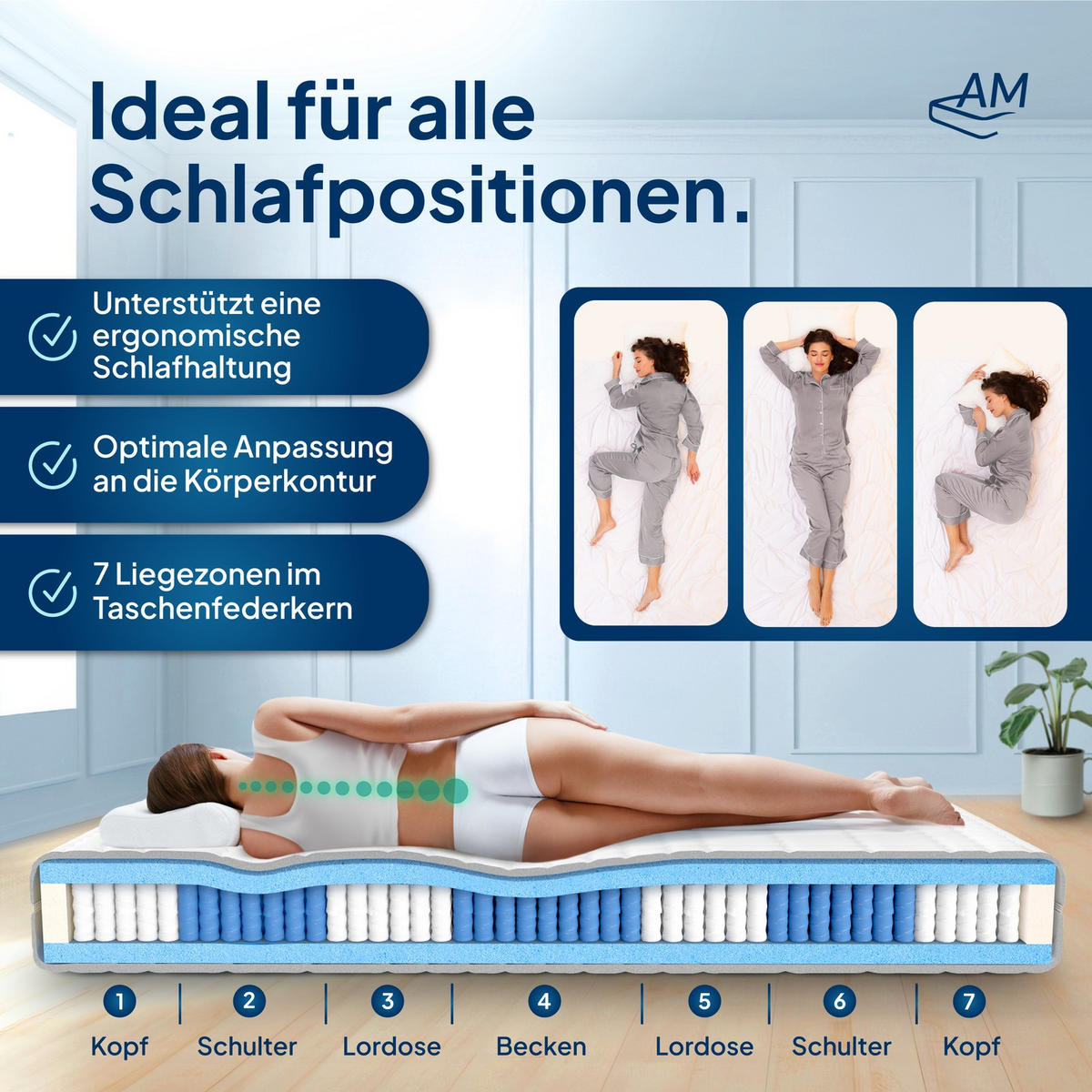 TASCHENFEDERKERNMATRATZE 1000 Federn 180/220 cm H3 - 24cm Höhe & Tencel Bezug - Weiß, Textil (180/220cm) - AM Qualitätsmatratzen